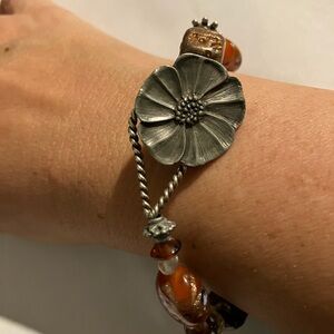 Danforth Pewter Bracelet with Orange Floral Venetian Glass